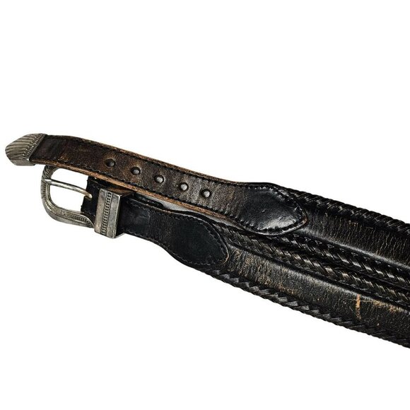 Vintage Womens Leather Belt Braided Edges Western Buckle sz 30 Distressed Look - Picture 2 of 13